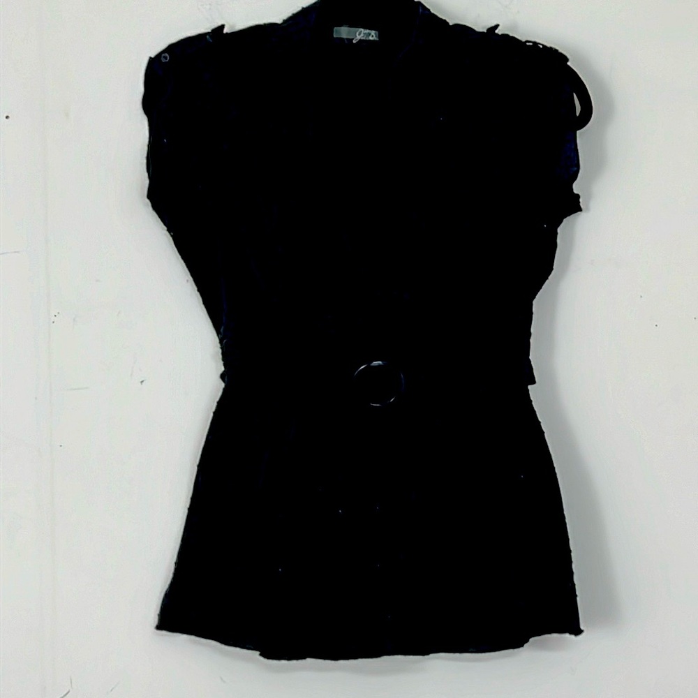 🌞 JTB black sleeveless surplice blouse black dots faux belt tie back women M